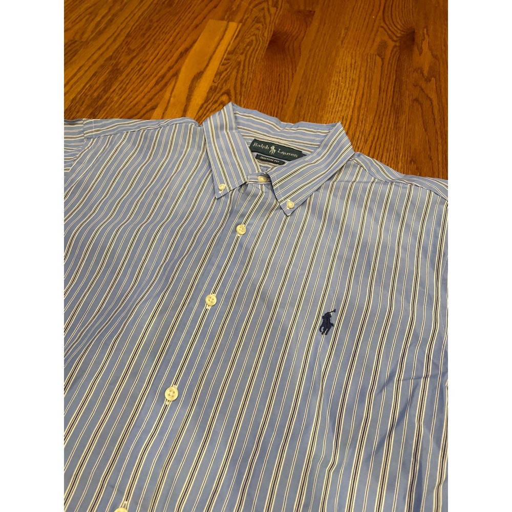 Ralph Lauren Mens Button Up Shirt XL Blue Striped‎ Custom Fit Short Sleeve